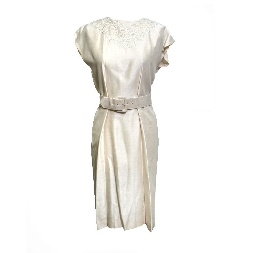Vintage Leslie fay Ivory Wiggle Dress with Lace Appliqué